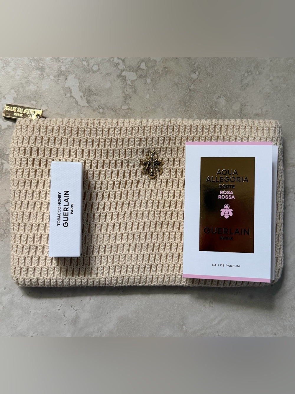 GUERLAIN Beige Woven Clutch with Gold Accent Abeille Royale 🐝